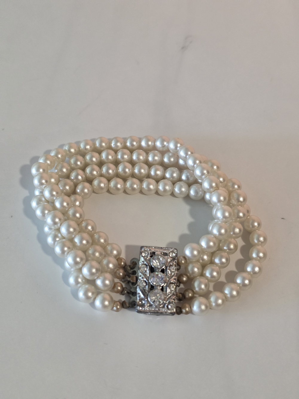 Vintage White Multi-Strand Pearl Bracelet with Silver Crystal Clasp